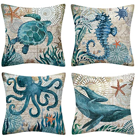 OCEUMACO Leinen Kissenbezug 50x50 Meer Tiere Kissenhülle 4er Set Quadratisch Sofakissen Dekokissen Bezug für Couch Sofa Maritim Kissen Kissenbezüge Outdoor Deko Zierkissen Couchkissen - Blau