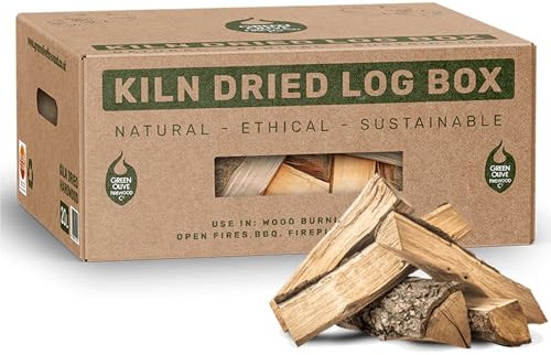 Green Olive Firewood - Kiln Dried British Logs (6kg / 27 Litre) for Wood Burners, Open Fires, Stoves and Fire Pits - Low Moisture, Ready To Burn, High Heat - Sustainably Sourced UK Firewood