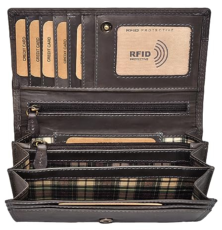 Benthill Geldbörse Damen Leder - Hochwertige Echt-Leder Damen Portemonnaie mit RFID Schutz - Lange Vintage Damenbörse - Frauen Portmonee inkl. Geschenkbox, Farbe:Grau