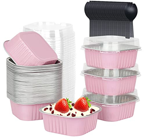 LNYZQUS 5oz Square Cupcake Pan with Lids 40 Pack, Aluminum Foil Muffin Cups,Disposable Ramekins Mini Cake Brownie Baking Pans Jumbo Cupcake Liners Muffin Tin-Pink
