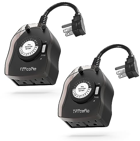 TiFFCOFiO Outdoor Timer Outlet for Lights, 24 Hour Mechanical, Outdoor Light Timer Waterproof, 2 Grounded Outlets for Home and Garden, 15A 1/2HP, Heavy Duty, CSA Listed (2 Pack)