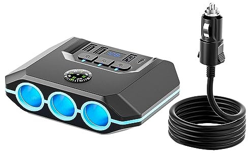 Adattatore Accendisigari 120 W – Caricabatteria da Auto Accendisigari con 3 Prese e 4 Porte | Separatore Accendisigari 12/24 V QC 3.0 PD 30 W con Display di Tensione LED