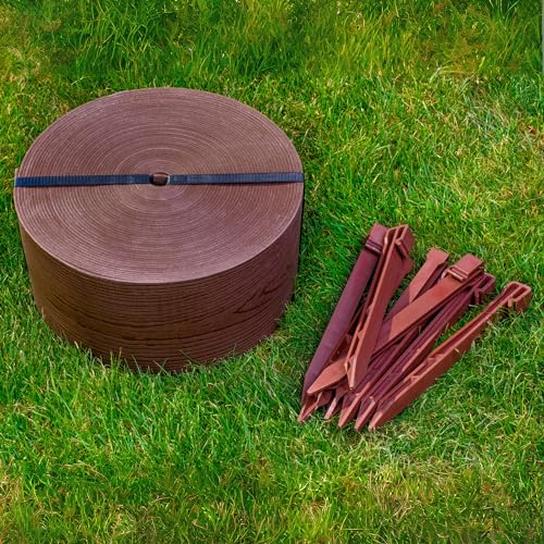 UNIGARDIA Bordura per Aiuola 20 m con 40 Picchetti di Fissaggio - Altezza 13 cm, Spessore 3 mm - Bordatura per Giardino in Plastica - Uso Semplice, Marrone con Decori in Legno