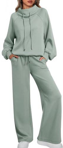 AUTOMET Lounge Sets for Women Sweatsuits 2 Piece Outfits 2025 Fall Drawstring Sweatshirt Wide Leg Sweatpants Tracksuit, Sagegreen, X-Large
