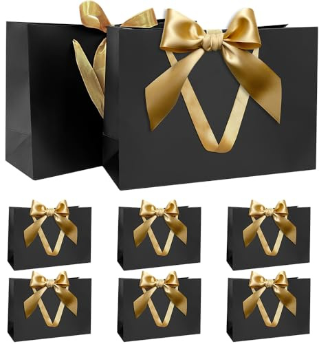 Juego Bolsas Regalo, Bolsa Regalo Negro con Cinta Bolsa Regalo con Asas 8 Piezas 30x20x10cm Bolsas Regalo para Navidad Cumpleaños Boda Aniversario