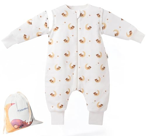 Mababu Året runt babysovsäck med fötter och avtagbara ärmar – 2,5 ToG – 100% GOTS ekologisk bomull – året runt barnsovsäck med fötter – vikbara manschetter, Bär, 90