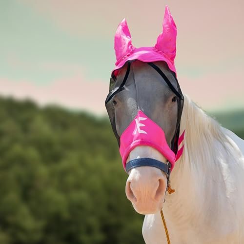 XE Horse Fly Mask with Ears –Breathable Mesh Horse Mask for UV Protection and Equine Fly, Standard Equestrian Pink Horse Fly Mask (Half Pink Mask, Full (L))