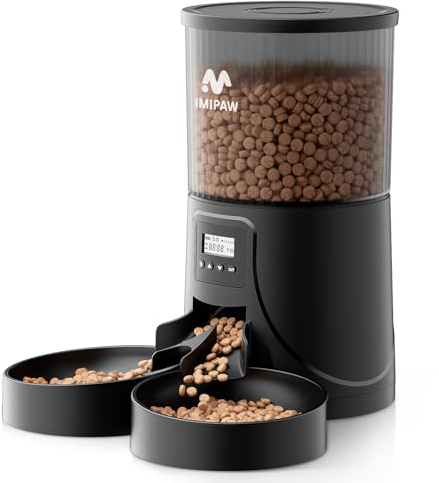 IMIPAW Futterautomat Katze 2 Näpfe - Katzenfutter Automat mit einem Knopf, Zeitgesteuerte Futterautomat 16 Tassen, 4L Katzenfutterspender, 1-6 Mahlzeiten Portionskontrolle