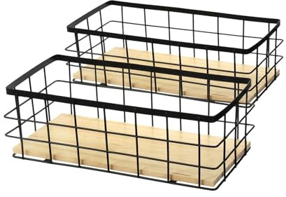 Hniuyun Black Metal Wire Storage Baskets, Farmhouse Wall Decor Storage Organizer Bin with Floating Shelves for Kitchen Cabinets, Pantry, Laundry Room, Bathroom Countertop, Set of 2