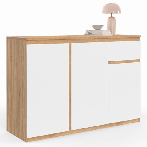 IDMarket TOMI - Aparador de 100 cm, 3 puertas y 1 cajón, color blanco y madera
