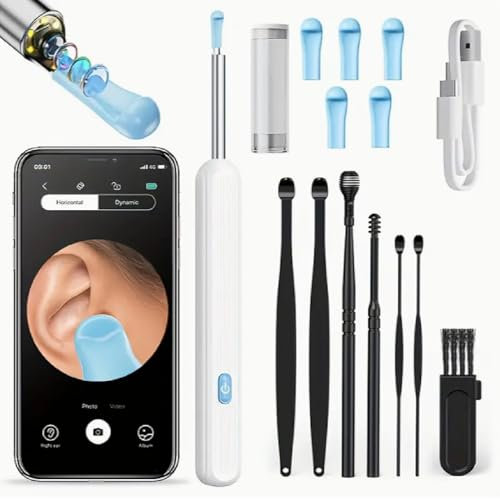 Kit de Eliminación de cera con 6 cucharas para oídos. Set de 7 piezas con cámara y luz. Herramienta para eliminar la cera. 6 accesorios de estuche de silicona. Limpieza de oídos segura