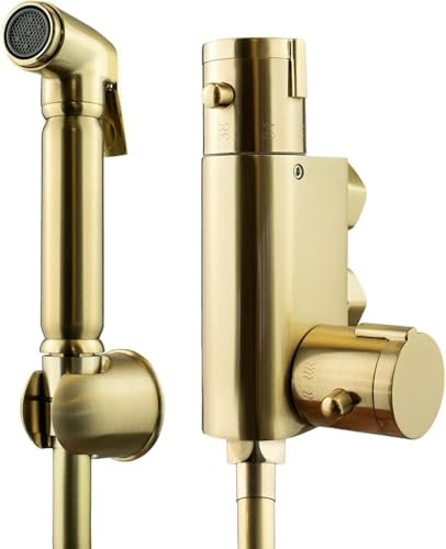 Xcel Home Ensemble de douche thermostatique doré brossé pour bidet - Pulvérisateur en laiton pour toilettes et salle de bain - Tuyau en acier inoxydable de 1,2 m et support mural pour éviter les