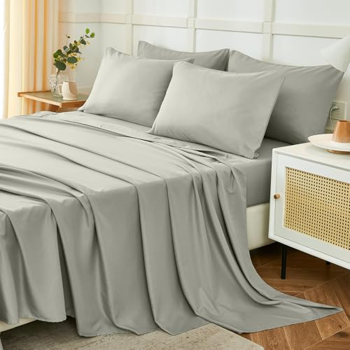 Homebliss Set Lenzuola Matrimoniali 180x190/200cm 4 Pezzi, Completo Lenzuola Letto in Poliestere, Lenzuolo con Angoli, Lenzuola e 2 Federa 50x80,Tinta Unita, Grigio chiaro