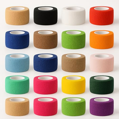 Kievano Tape Sportivo Colorato – 20 Rotoli Nastro Fasciature Sportive Autoadesive 2.5cm x 4.5m, Benda Elastica per Polso, Mano, Piede, Ginocchio, Uomo, Donna, Bambini, Animali