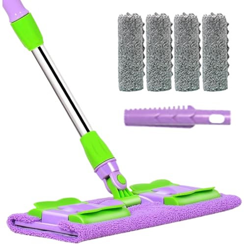 per la polvere | Scopa a frange per cucina con 4 teste lavabili,Rotazione a 360° per pavimenti piastrellati in parquet, esterno, terrazza, manico telescopico
