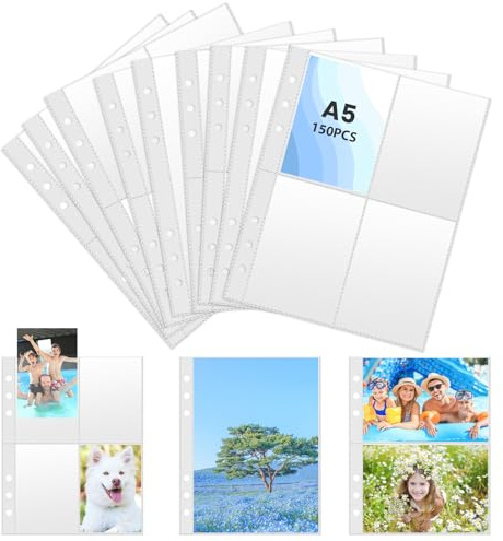 150 Pcs Photo Sleeves, 6 Ring A5 Binder Sleeves, 700 Pockets, Double-Sided Ultra Clear Photo Pockets,Top Loading Album Refill Pages,Transparent Postcard Sleeve in Plastica for File Invoice Card Photo