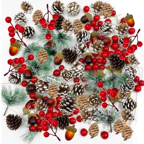 120 Pcs Christmas Wreath Decorations,Artificial Picks Fake Christmas Red Berry Pine Needles Natural Pine Cones Acorn for DIY Xmas Crafting Gift Wrapping Flower Arrangements Wreaths Wedding Ornaments