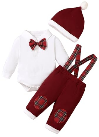 Carolilly – Traje de caballero de Navidad para bebé de 3 piezas – Body de manga larga con pajarita a cuadros + pantalones con tirantes y gorro a juego, rojo, 9-12 Meses