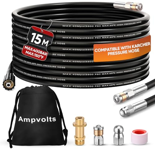 Ampvolts Tubo di pulizia per tubature 15 m con adattatore in ottone – 400 Bar/5800 PSI, compatibile con idropulitrici Karcher K2 K3 K4 K5 K6 K7, per la pulizia degli scarichi