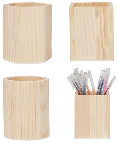 Keboyoe 3 Pcs Porte-stylo en Bois Formes Géométriques Porte Crayons en Bois | (Cylindre, Hexagone, Carré) Pot à Crayons Multifonctionnel En Boi pour Papeterie Pinceaux de Maquillage