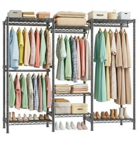 Cliporix Heavy Duty Clothes Rail, 385kg Load, 194x175x40cm Black | Clothes Rack for Long/Short Garments, Zoned Storage Design, Two Layout Options,Anti-wobble Bars, 15-Min Tool-free Assembly