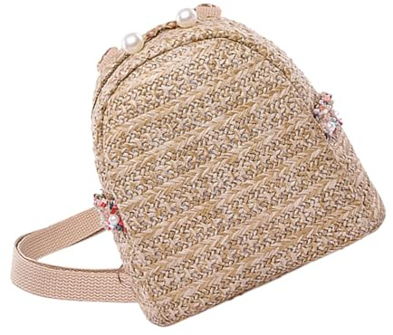 Ciieeo Mochila Pequeña para Mujer de Paja Tejida Perlas, Color Kaki Oscuro, Ligera y Transpirable, Mochila de Ocio y Viaje para Dama, Bolso Portátil para Exteriores y Uso Diario