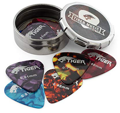 TIGER GAC14 12 médiators de guitare en celluloïd et boîte à piques - différents calibres