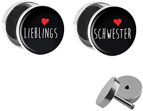 Treuheld® | Set - LIEBLINGS-Schwester und Herz - Ohrstecker zum Schrauben - Ø 10mm Fake-Plugs - Schwarz Rot Weiß - Chirurgen-Stahl Ohr Fake-Tunnel Silber - Edel-Stahl Ohr-Ringe