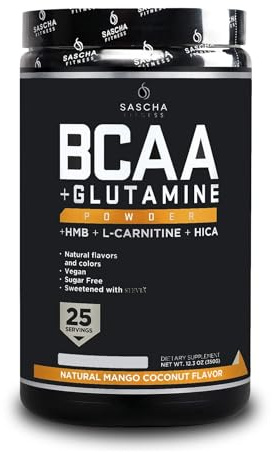 SASCHA FITNESS BCAA 4:1:1 Aminoácidos Ramificados en Polvo con Glutamina, HMB, L-Carnitina y HICA | Vegano, 0 Calorías, Sin Gluten | Intra Entreno Recuperación Muscular | Sabor Mango Coco 387,5 g