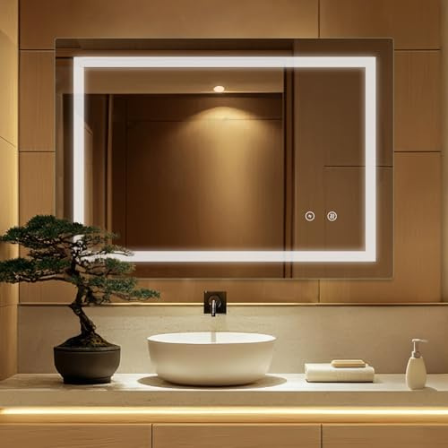 SaniteModar LED badrumsspegel 70 x 90 cm, badrumsspegel med anti-dimma, väggspegel med touch-brytare