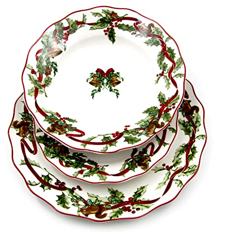 The Royal Family Servizio Piatti di Natale Decoro Campanelle natalizie con Fiocco rosso, Campanelle e Scoiattoli 6 posti tavola (18 pezzi) in Porcellana Lucente e Resistente Christmas Carol