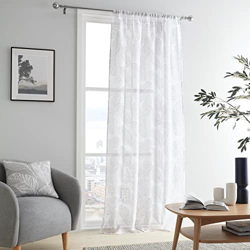 Fusion Single Net Curtain, 140x228cm (55 Width x 90 Drop), Voile, Leaf Print, Grey Sheer for Bedroom/Living Room, Matteo Collection