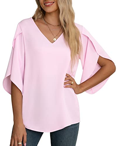 Yommay Chiffongblus för kvinnor damtoppar elegant ledig lös 3/4 veckad delad ärm V-hals sommarblus t-shirts, Ljusrosa, M