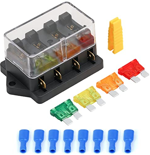 Greluma 1 Pieza Caja de fusibles de cuchilla automática para coche de 4 vías de 12V/24V, bloque de soporte de caja de fusibles de cuchilla estándar con fusibles 5A/10A/15A/20A