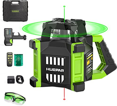 Huepar Electronic Green Rotary Laser Level + Plumb Points, Self-Leveling Horizontal/Vertical Rotary Laser Kit 800M W/Goggles, Receiver, Target Plate, Remote Control, Li-ion Battery & 5V2A Adapter