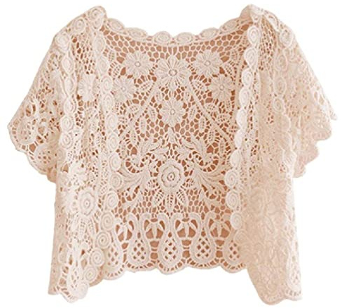 Labstandard Womens Open Front Glands Lace Crop Cardigan Sheer Floral Crochet Short Sleeve Shrug Top Bolero Vestes pour Robes Shrug Top
