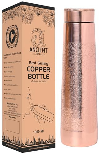 ANCIENTIMPEX Kupferflasche in Hausform, Ätzmuster, 900 ml Fassungsvermögen für Ayurveda-Gesundheitsvorteile