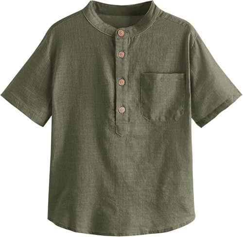 Haloumoning Henley Chemise Garçon Lin Manches Courtes Été Couleur Unie Regular Fit Casual Loisirs Chemise De Fête Enfants (3-14 Ans)