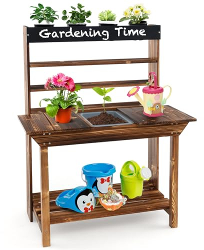 COSTWAY Table de Rempotage en Bois de Sapin Enfant avec Tableau Noir & 4 Pots de Fleurs, Table de Jardinage avec Évier Amovible & Espace de Rangement, Centre de Jardinage pour 3-7 Ans, 71 x 41 x 92 cm