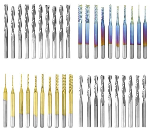 QWORK® 40pcs End Mills CNC Router Bits Set - Multi-size Cutting Diameters 0.8mm-3.175mm - 1/8 Shank - Ultra-fine Tungsten Carbide/Nano Blue Coating/Titanium Coating