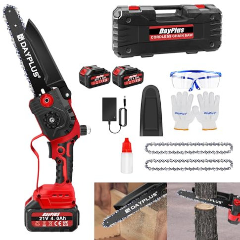 Mini motosierra de 8 pulgadas, motosierra eléctrica inalámbrica con 2 x 4,0 Ah batería, motosierra portátil de una mano para cortar madera, cortar ramas, patio y jardín, rojo