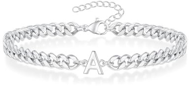 KGDUYC 1 Pcs Pulsera de Hombre Cadena Acero Inoxidable- Pulsera Hombre Plata| Pulsera de Cadenas Cubanas| Pulsera Hip Hop Plateado| Regalos de Joyería para Hombres, Pulsera inicial A