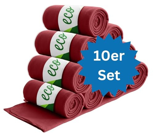 wometo Confezione da 10 coperte in pile Eco in 100% materiale riciclato + certificato OekoTex e GRS, 130 x 160 cm, circa 400 g, rosso scuro pesante con anti pelucchi e bordo rimagliato