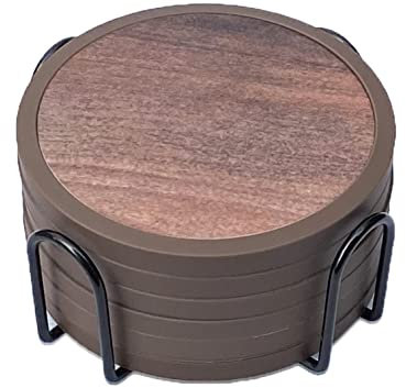 Absorbent Coasters for Drinks with Holder - 6packs, Silicone Coaster with Soft Felt Insert (4.3 inch Coasters with 4.5 inch Holder, Dual-Sided Wooden Style Patterns)