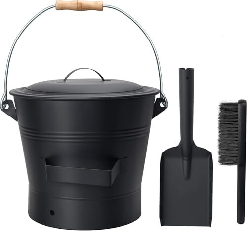 Vintage Decor Home Ash Bucket with Lid & Tidy Set 27cm Powder coated Steel Matt Black Metal for Fireplaces, 10L Ash Bucket with Shovel and Hand Broom, Tool Set Accessories
