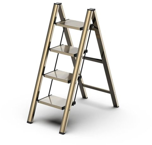 GameGem Escabeau 4 Marches, Tabouret Pliable à Pédale Large Anti-Dérapante en Aluminium Léger mais Robuste, Capacité 150 kg, Design Moderne Mignon pour Espaces Domestiques Intérieurs