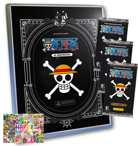 Bundle mit Panini One Piece Karten - Anniversary Sammelkarten (2025) - Auswahl + Exklusive Geburtstagskarte (1 Mappe + 3 Booster)