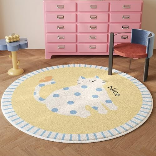 YATOLA Alfombras Redonda Alfombra Habitación Lavable Antideslizante Muy Suave para Salón o Dormitorio, Esponjosa de Cama Infantil Lavable Bebe Niña Niño De Juego Motivo Animal Gato (Marrón, Ø80cm)
