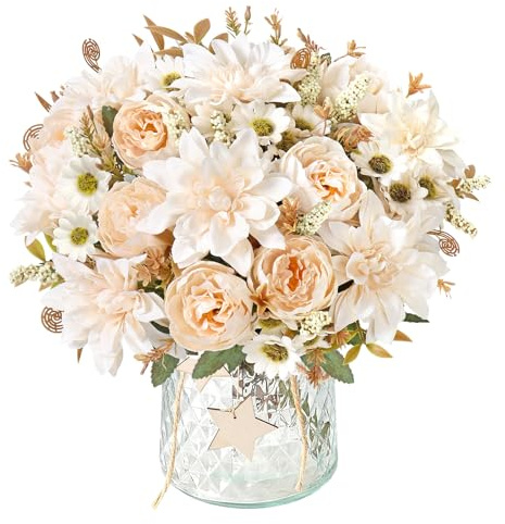 DEMIUKO Ramo de flores artificiales de 4 ramos Dahlia, flores falsas, rosas de seda, margaritas, plantas, jarrón, arreglos florales para boda, ramo de novia, relleno, centro de mesa, decoración del