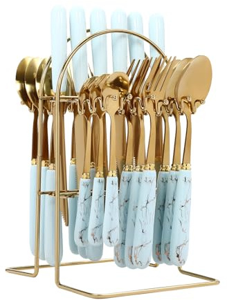 Cutlery Set,24 Pieces Flatware Set Cutlery Set with Stand Stainless Steel with Shelf & Knives/Forks/Spoons/Coffee Spoons,CutlerySet Service Suitable for Various Occasions (Gold+Light Blue)